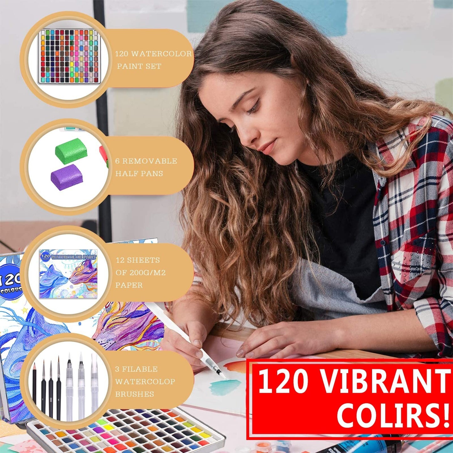 Gunsamg Watercolor Paint Set 120 Colors in Portable Box with Palette Includin...