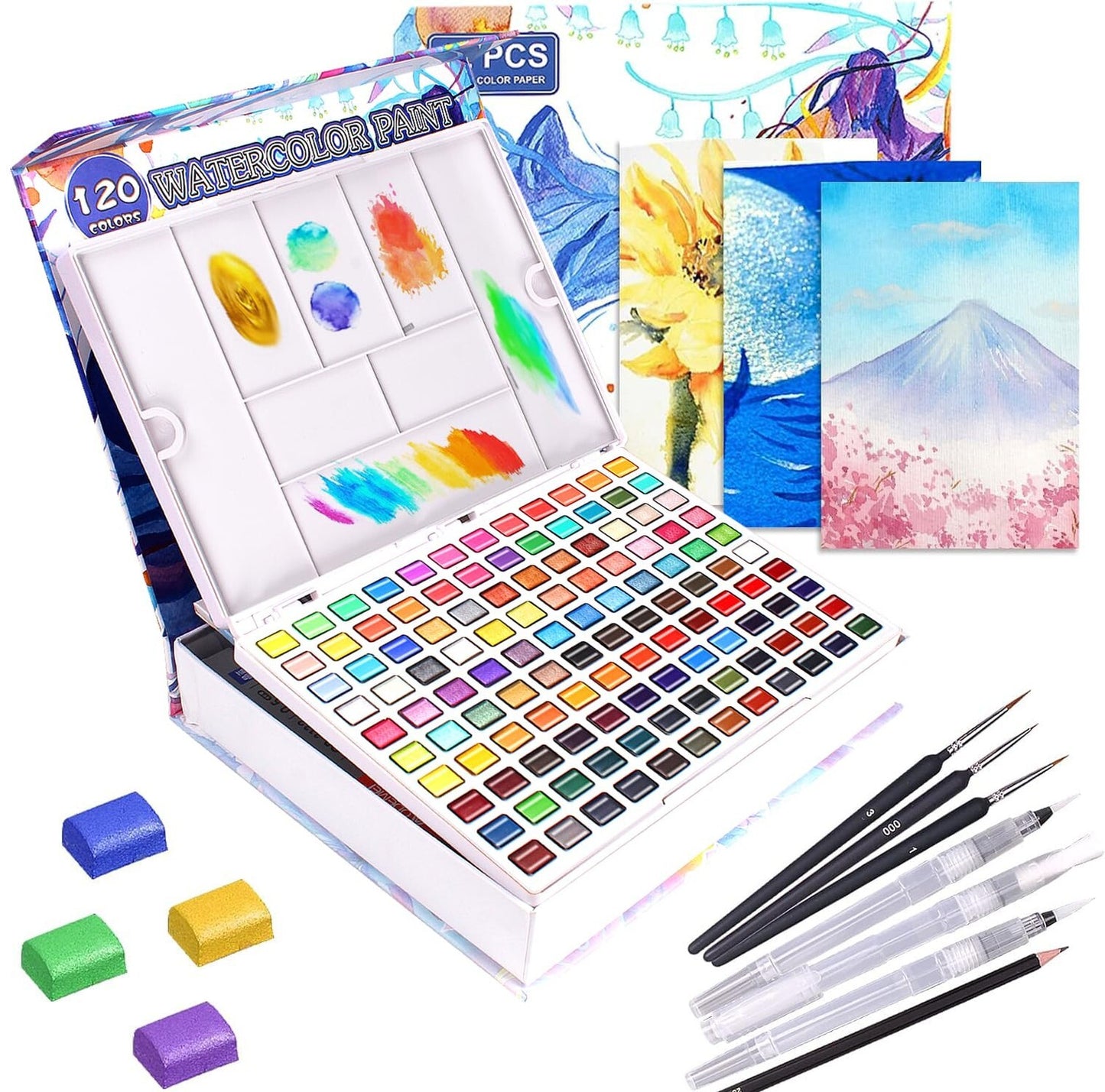 Gunsamg Watercolor Paint Set 120 Colors in Portable Box with Palette Includin...