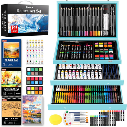 Art Set for Kids Teens Girls Boys Adult, 195-Pack Deluxe Artist Gift Box with 3 PCS Drawing Pads, A4 Canvases, Arts and Crafts Kits, Painting, Drawing & Art Supplies with 24 Color Acrylic Paint